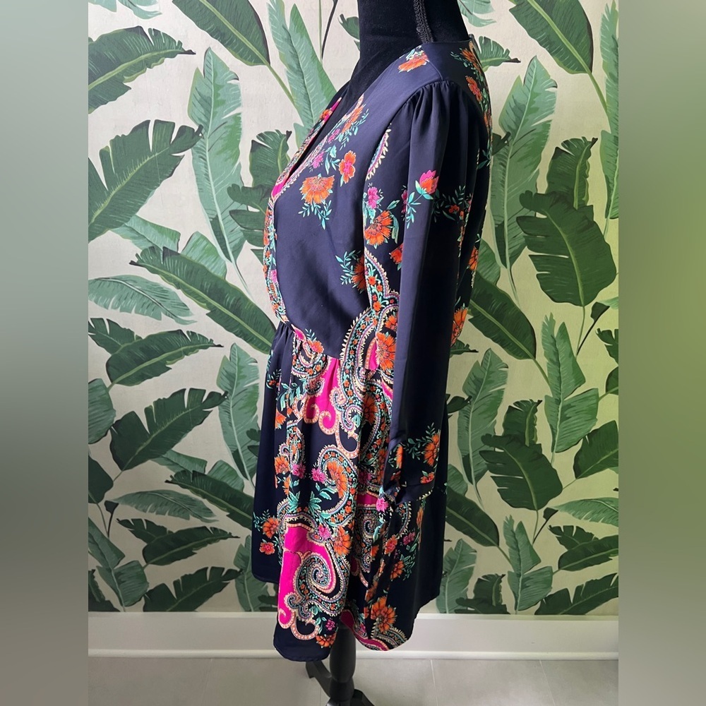 Everly Womens Navy Blue Long Sleeve Floral Paisley Dress Large - Picture 6 of 9